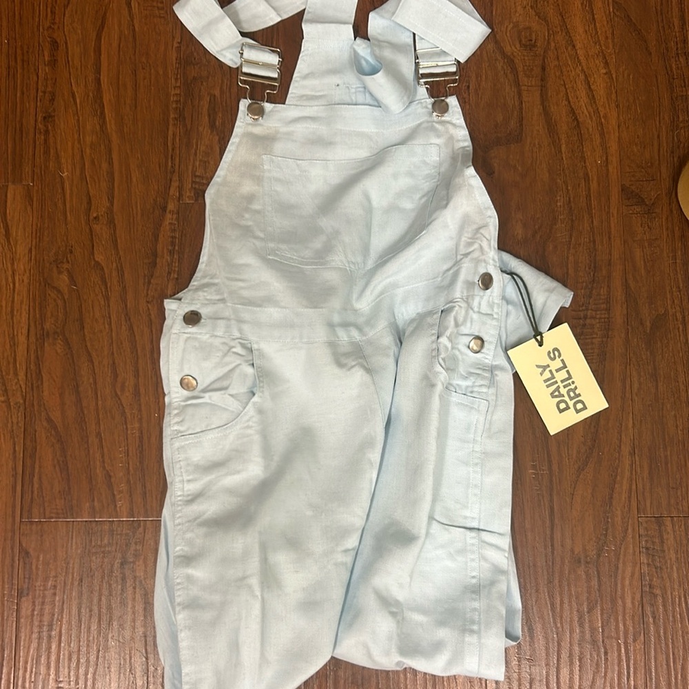 blue linen overalls